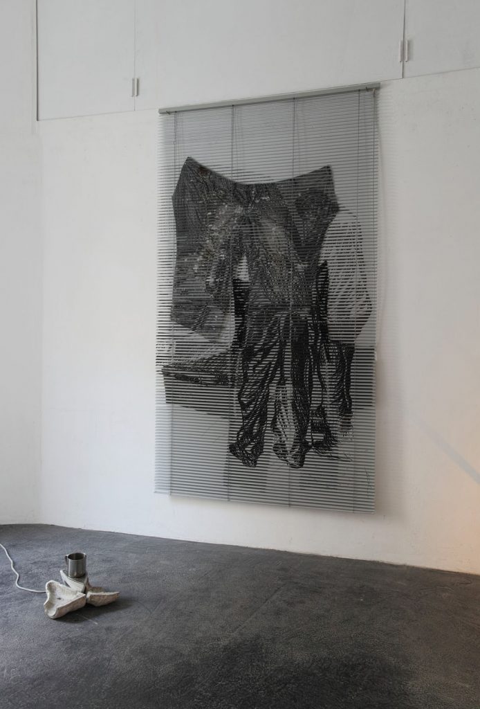 Solving Engine Mountain, working cloth, drawing on venetian blinds, 2017